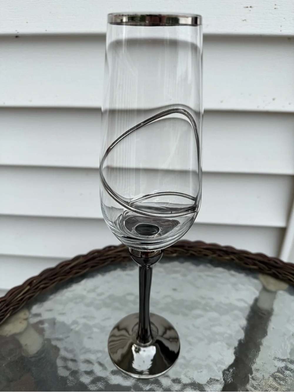 Pr. Z Gallerie 12” Champagne Flutes with Chrome/Silver Swirl Stem.